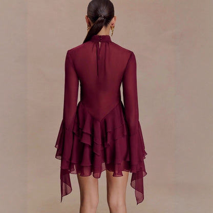 Donker rode Patchwork Jurk - High Waist Pencil Skirt