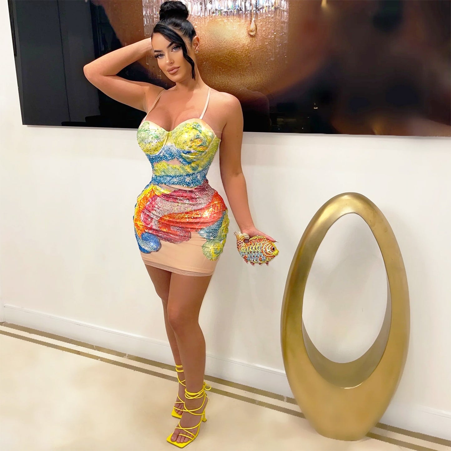 Elegante Rhinestone Slip Jurk - Apricot