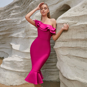 Off-Shoulder Ruffle Jurk - Elegante Bandage Jurk Mid-Length