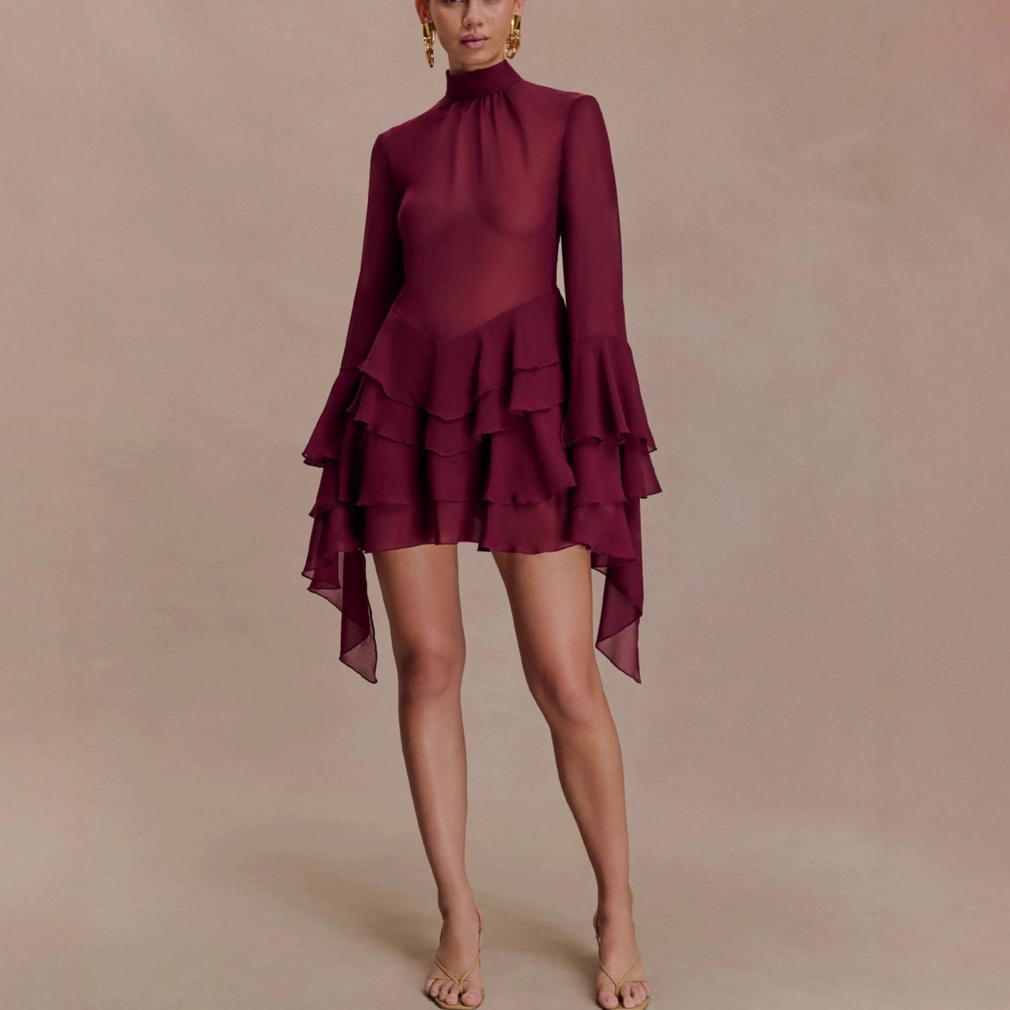 Donker rode Patchwork Jurk - High Waist Pencil Skirt