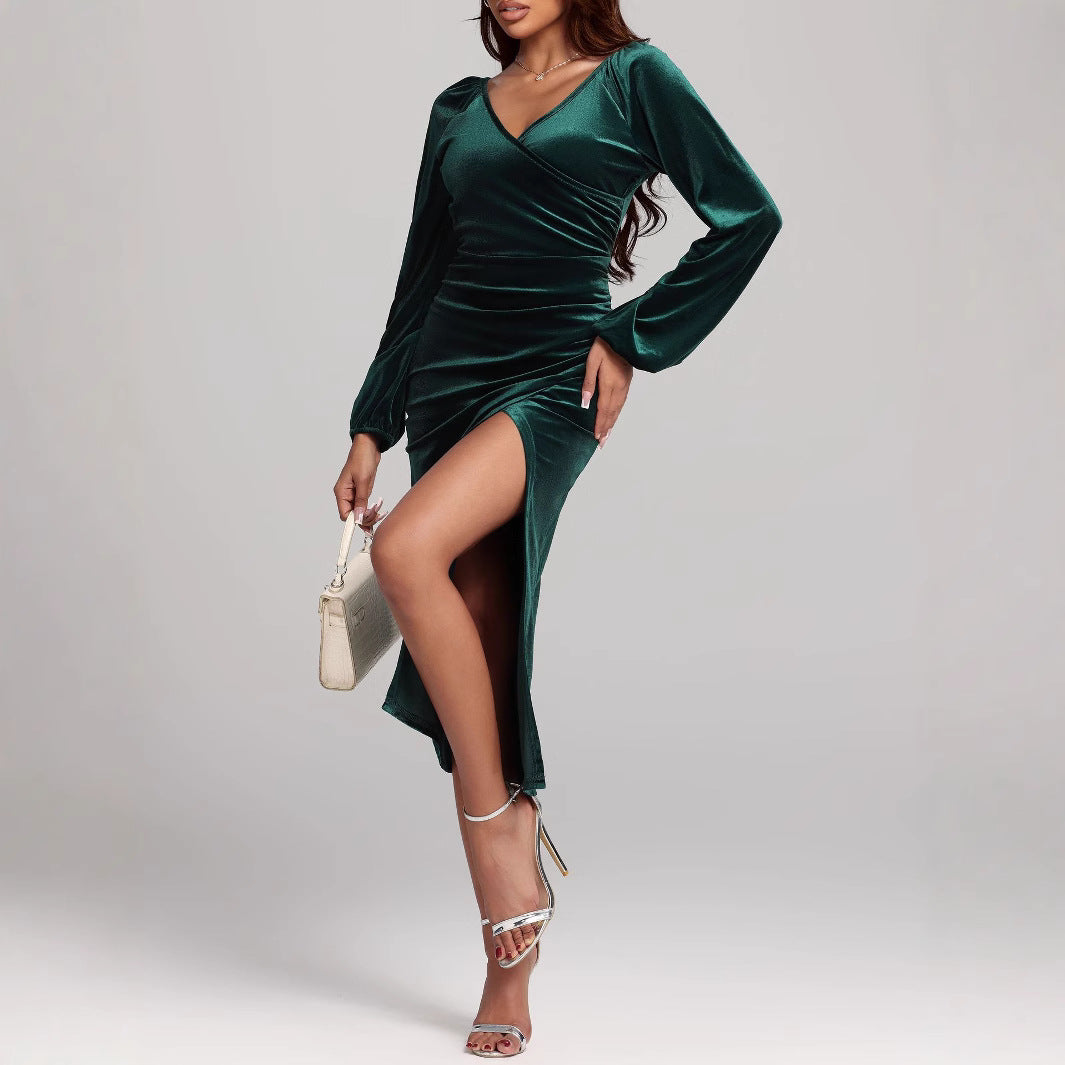 Elegante Groene Fluwelen Wrap Jurk - V-hals met Split