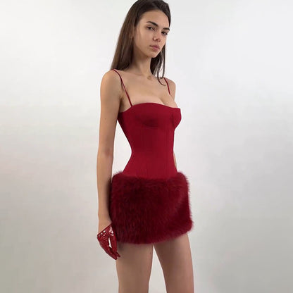 Rode Plush Jurk - Spaghetti Bandjes High Waist Bodycon