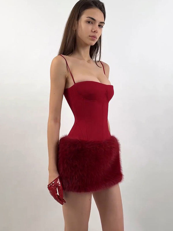 Rode Plush Jurk - Spaghetti Bandjes High Waist Bodycon
