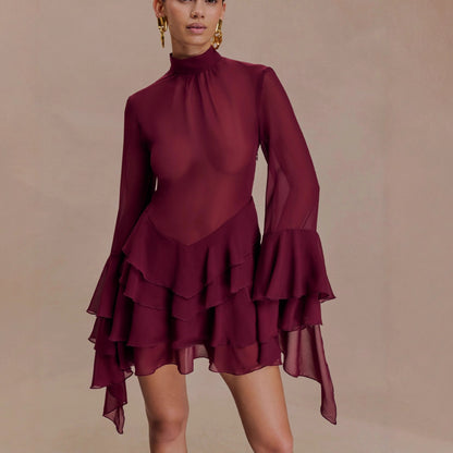 Donker rode Patchwork Jurk - High Waist Pencil Skirt