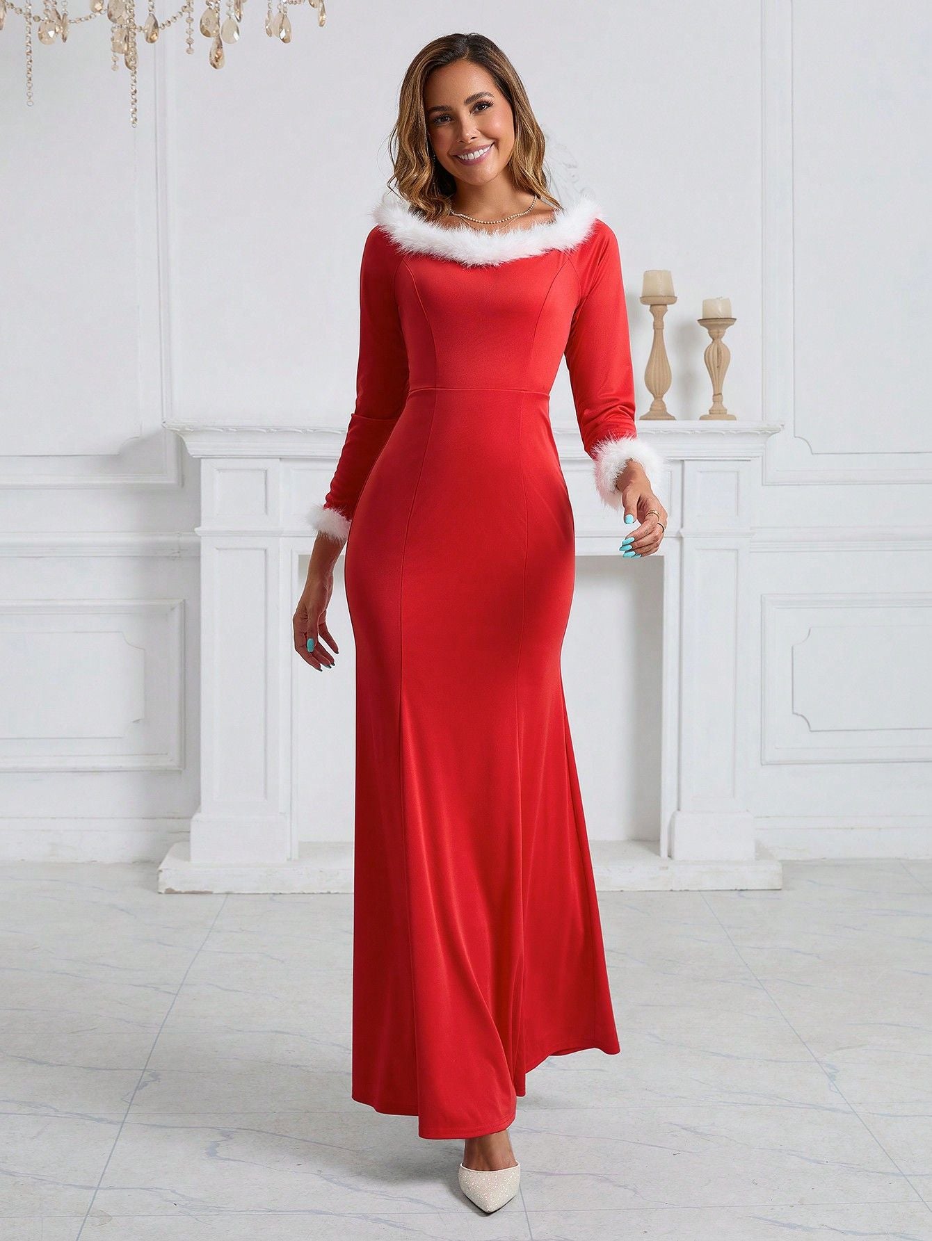 Red Elegant A-Line Dress - Feestelijke Jurk met Pluche Details