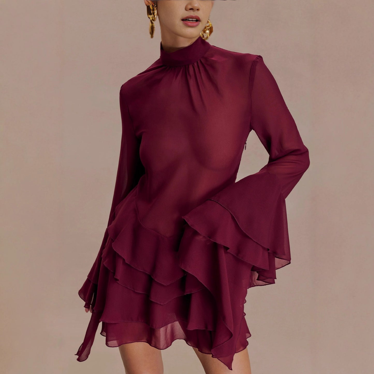 Donker rode Patchwork Jurk - High Waist Pencil Skirt