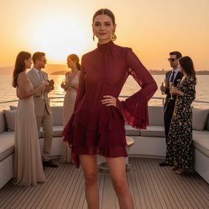 Donker rode Patchwork Jurk - High Waist Pencil Skirt