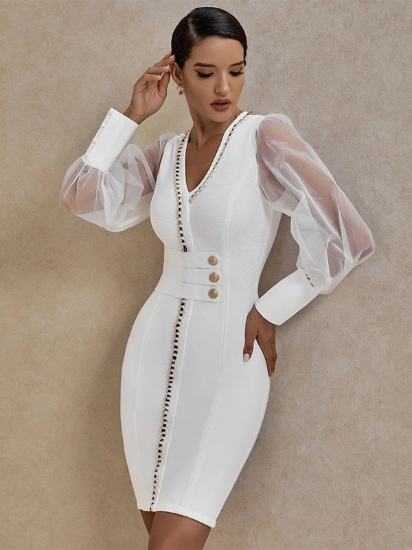 Elegante Witte Bodycon Jurk met V-Hals - Autumn Winter Collection