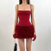 Rode Plush Jurk - Spaghetti Bandjes High Waist Bodycon