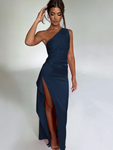 Elegante One-Shoulder Satijnen Jurk - Backless met Split