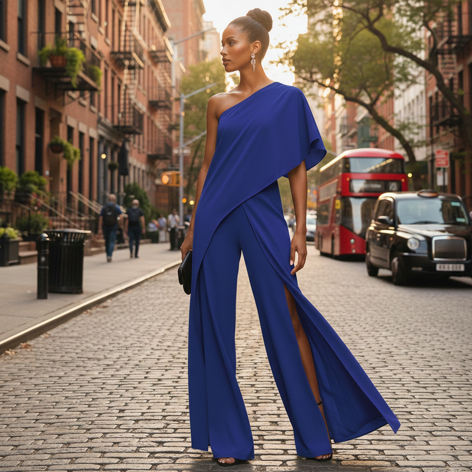 Elegante One-Shoulder Maxi Jurk - Europese Stijl lauw