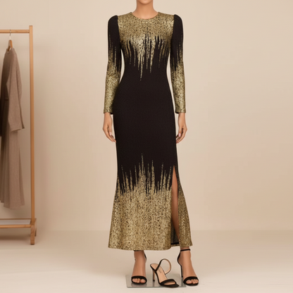 Elegante fishtail jurk met metallic afwerking.