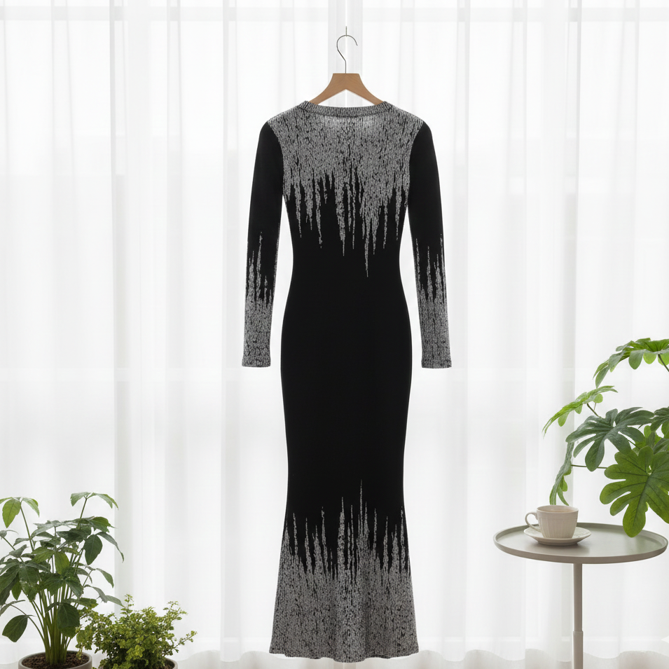 Elegante fishtail jurk met metallic afwerking.