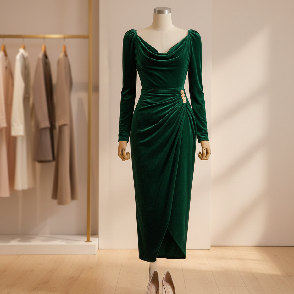 Fluwelen Avondjurk met Split - Elegante Lange Mouwen groen pop