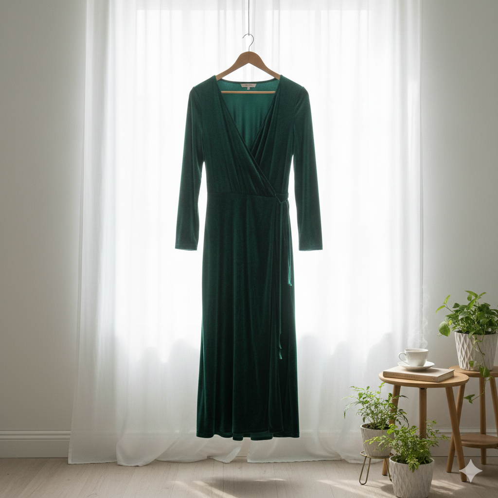 Elegante Groene Fluwelen Wrap Jurk - V-hals met Split