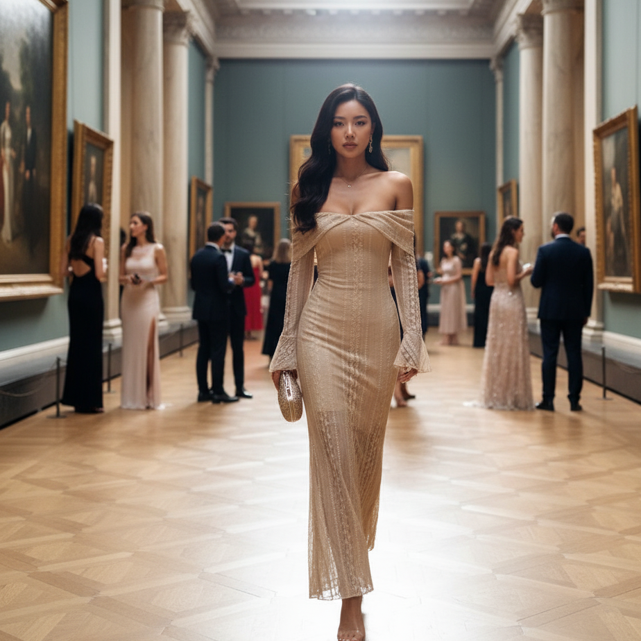 Jurk met one shoulder jacquard en taille accent1