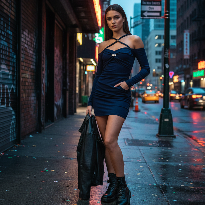 Jurk met slim fit cross knot detail lange mouw