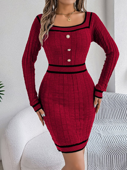 Elegant Square Neck Button Long Sleeve Sweater Dress