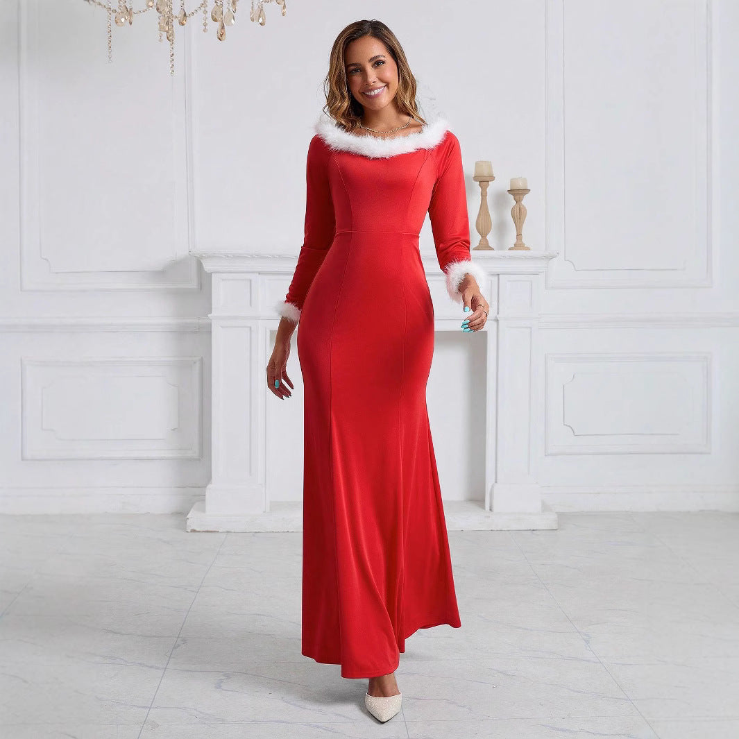 Red Elegant A-Line Dress - Feestelijke Jurk met Pluche Details