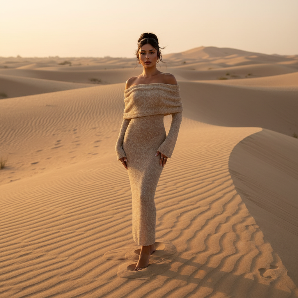 Champagne off-shoulder jurk Dubai woestijn