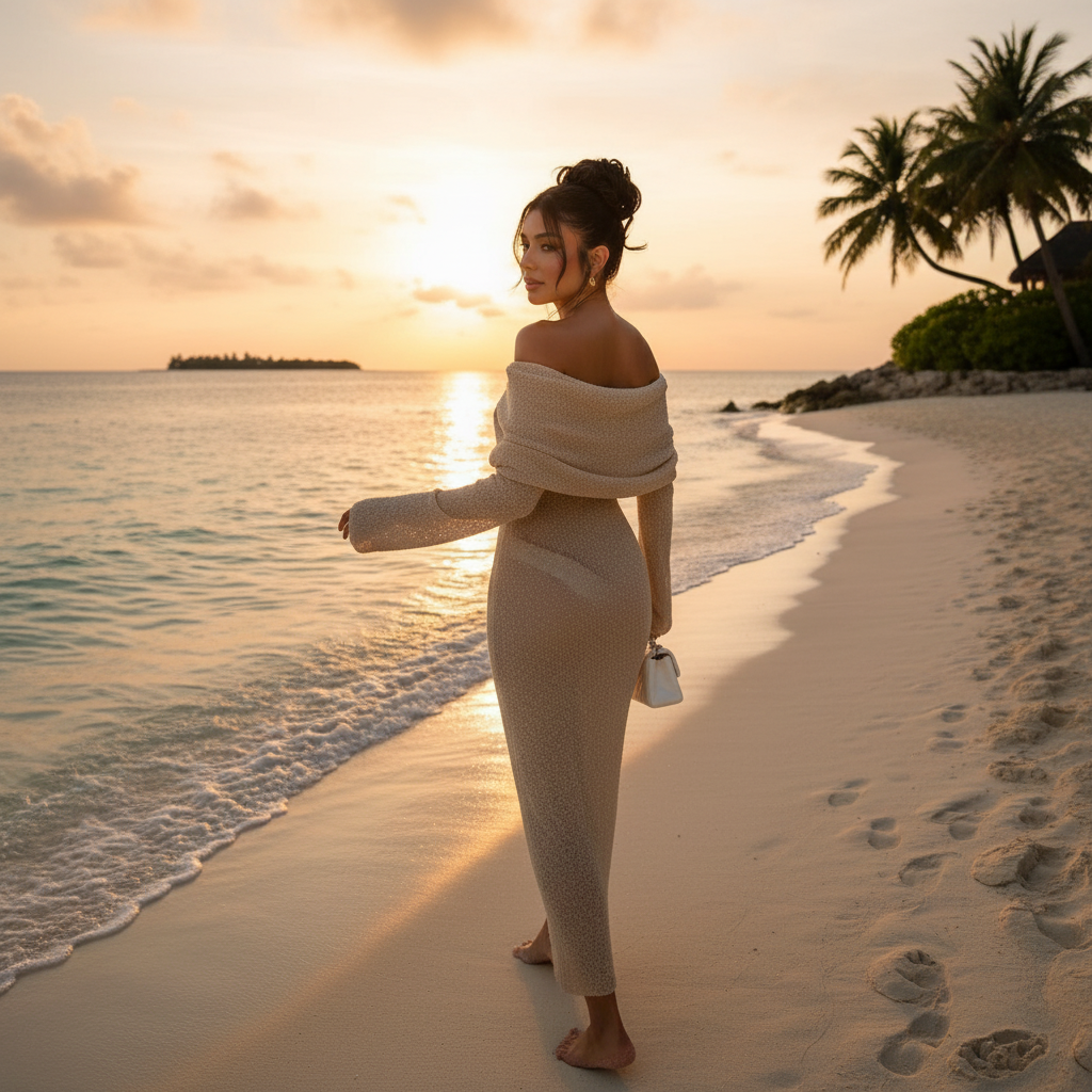 Champagne off-shoulder jurk Malediven