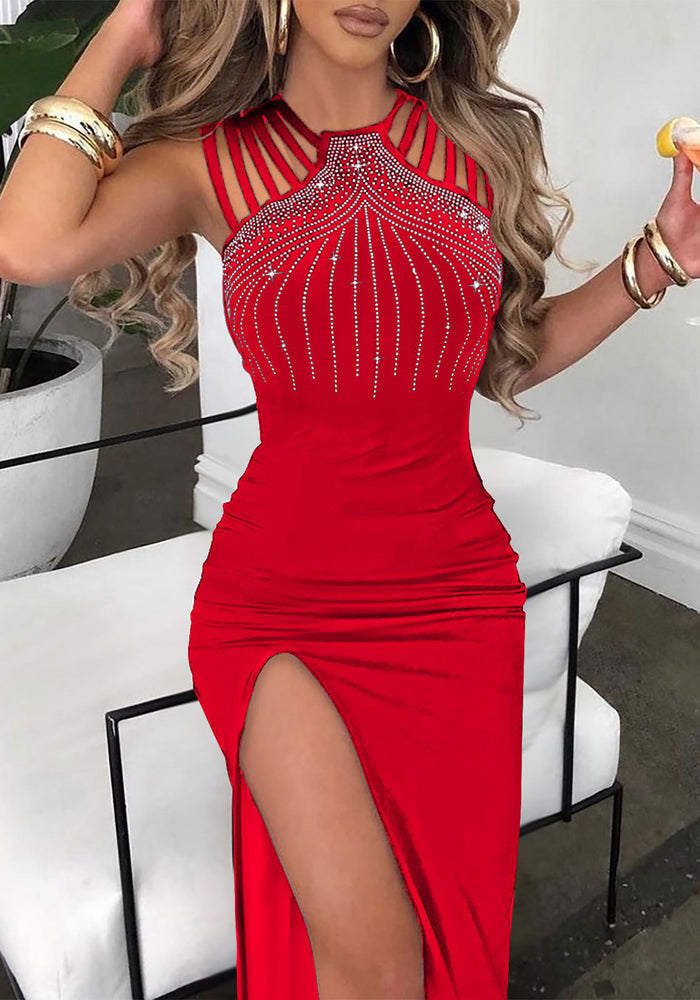 Elegante Diamant Split Jurk - Premium Avondjurk met Strass Details