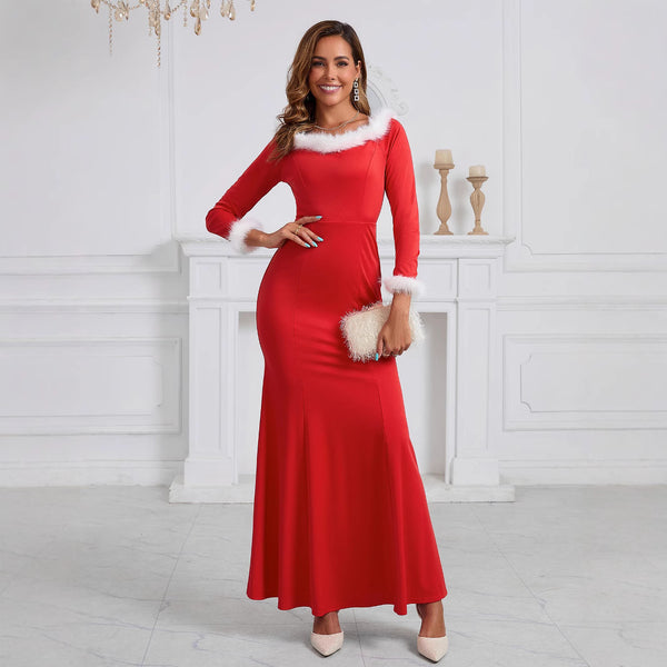 Red Elegant A-Line Dress - Feestelijke Jurk met Pluche Details