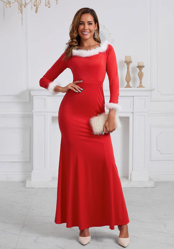 Red Elegant A-Line Dress - Feestelijke Jurk met Pluche Details