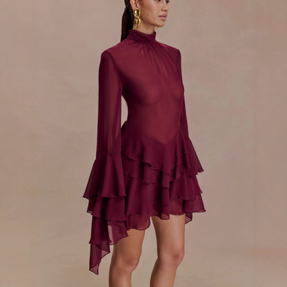 Donker rode Patchwork Jurk - High Waist Pencil Skirt