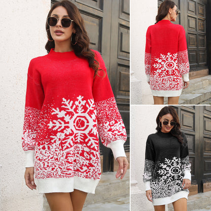 Premium Kerst Jurk - Snowflake Jacquard met Lantern Sleeves