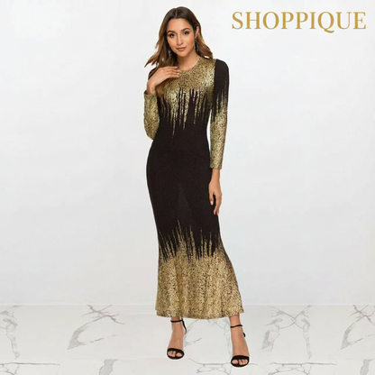 Gouden fishtail jurk met logo rechtsboven