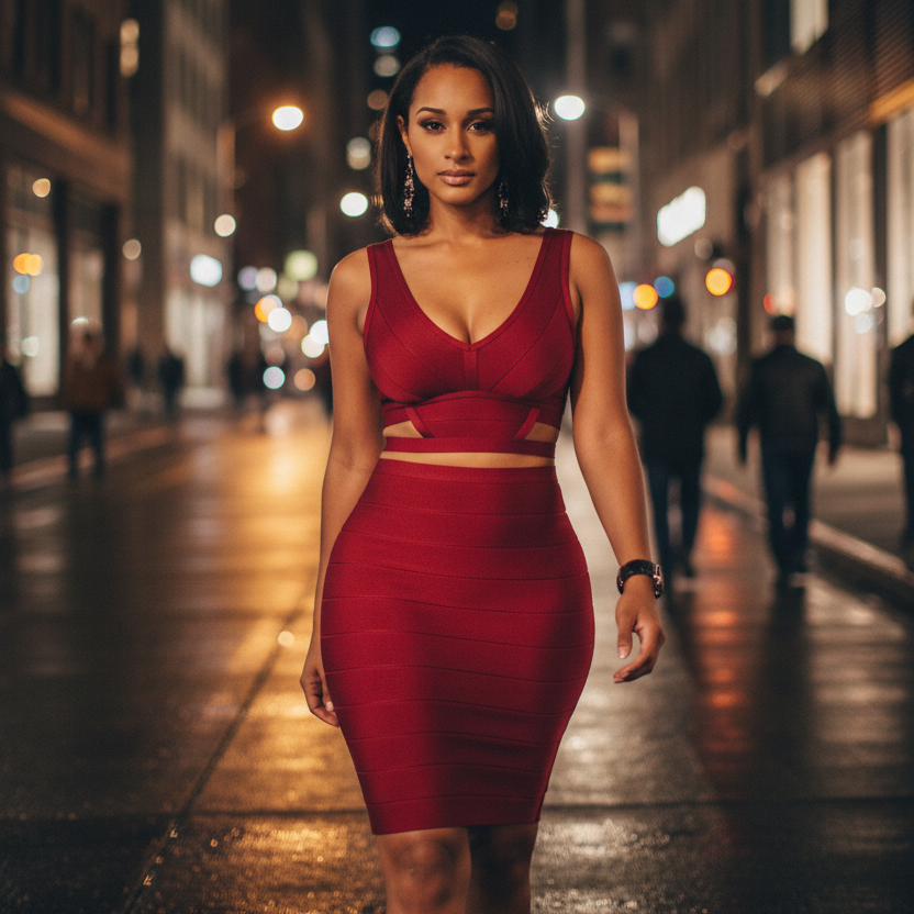 Rode bandage jurk city street