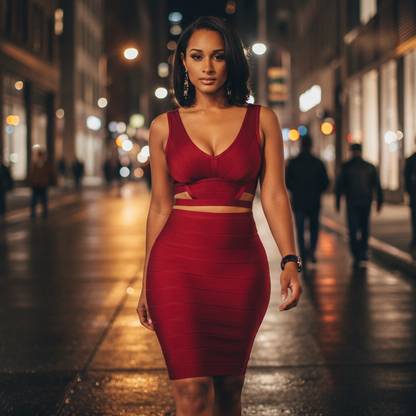 Rode bandage jurk city street