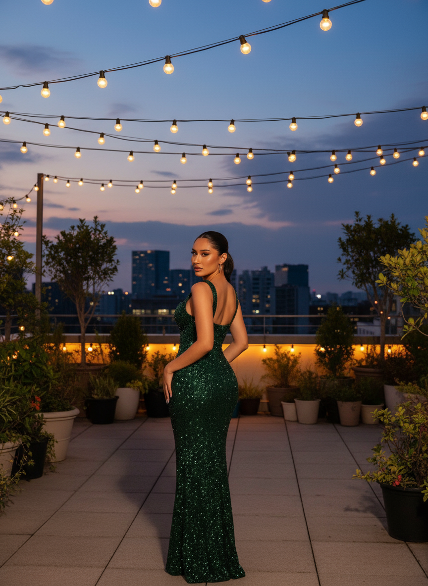 Green Sequin Dress - Rooftop Terrace
