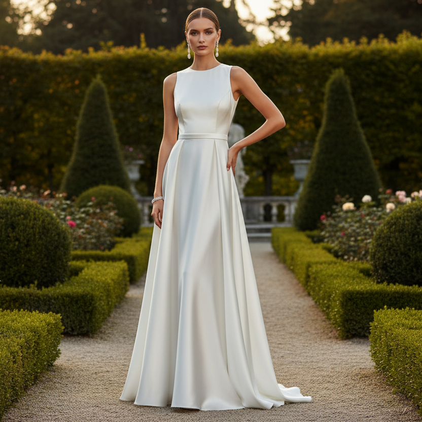 Witte satijnen avondjurk - Tuin setting