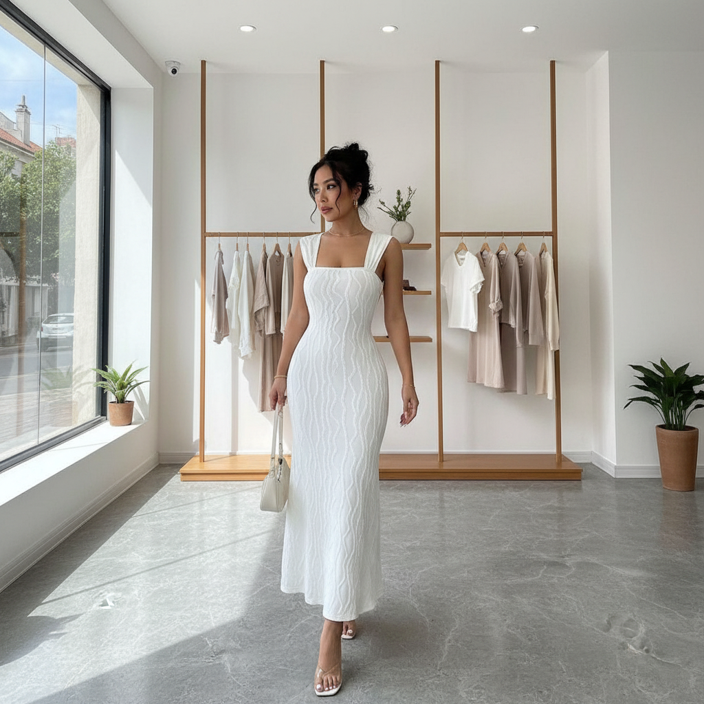 Gestreepte Maxi Jurk - Sexy Open Rug met Vierkante Hals