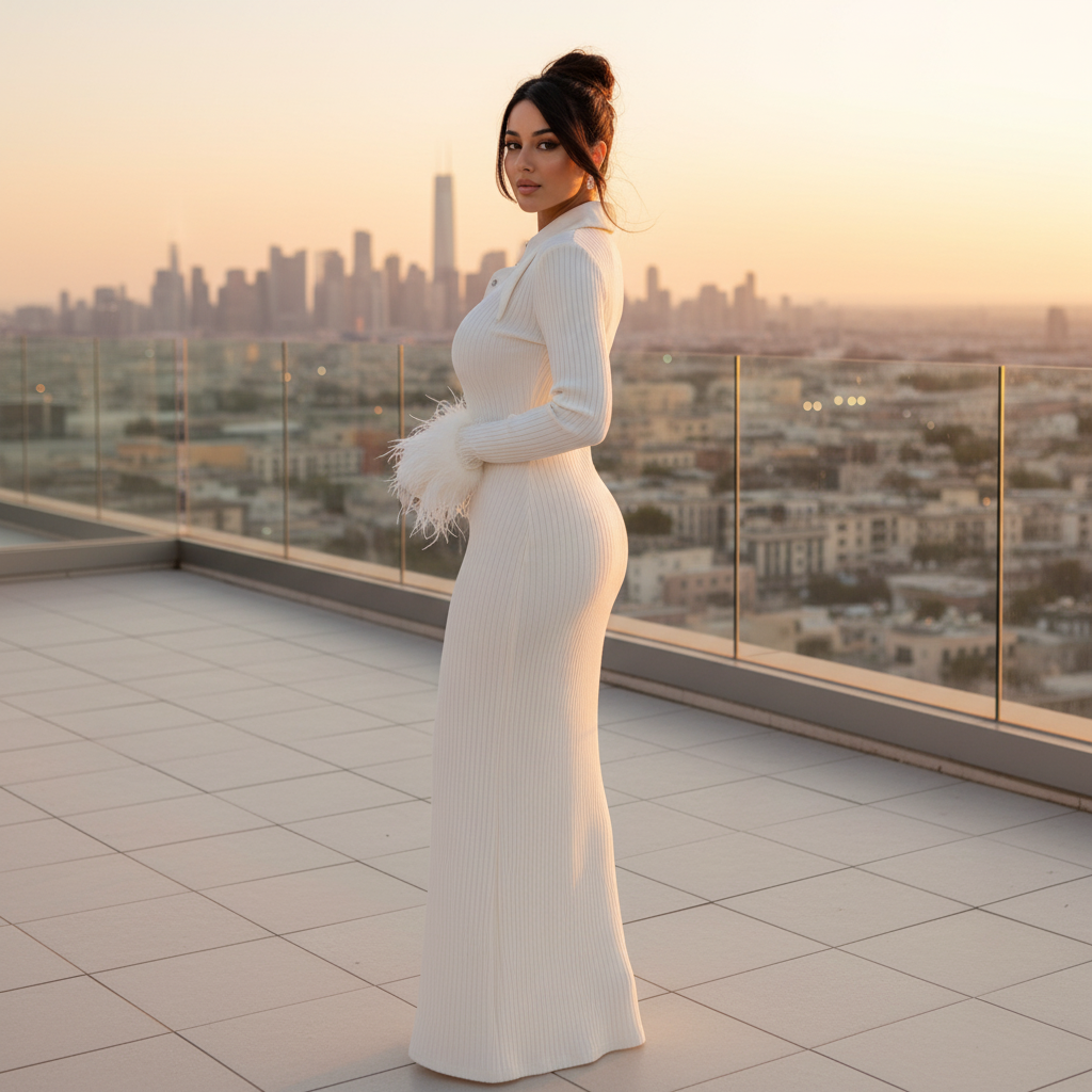 Model over schouder kijkend