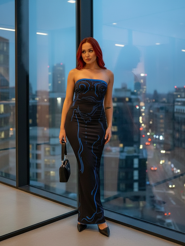 Elegante Off-Shoulder Maxi Jurk - Print Contrast Wrap Detail