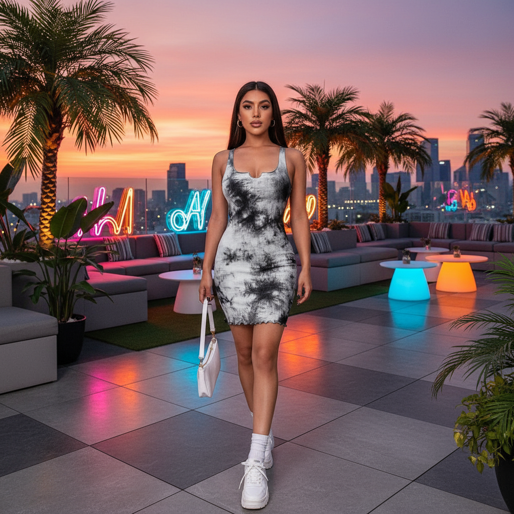 Tie-dye jurk - rooftop palmbomen