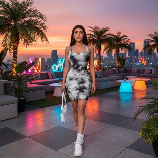 Tie-dye jurk - rooftop palmbomen